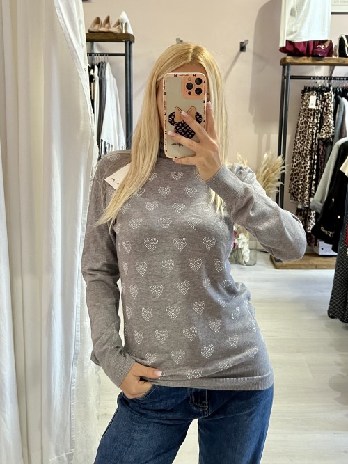 Maglia dolcevita CUORI STRASS grigia