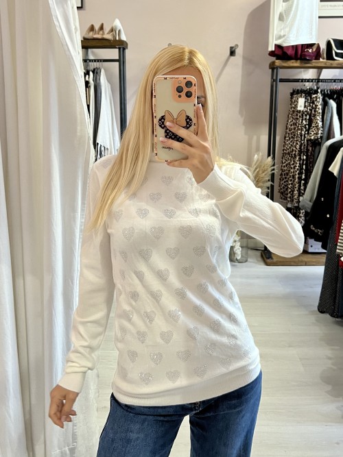 Maglia dolcevita CUORI STRASS bianca