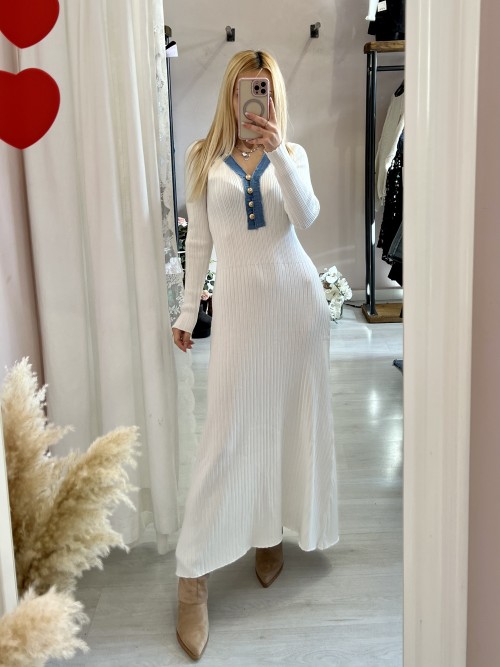 Vestito MARZIA bianco V finiture jeans