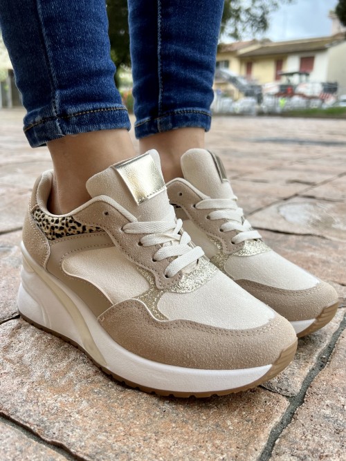 Sneakers  suola alta beige leopardate