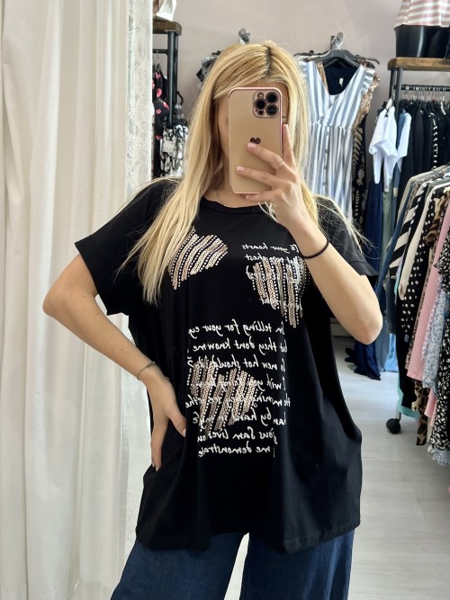 Maxi maglia t shirt CUORI E SCRITTE nera